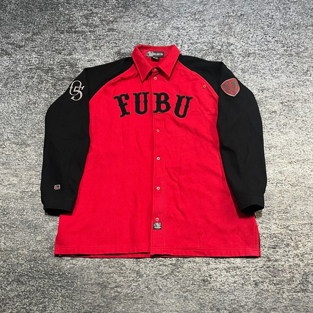 Vintage Fubu Varsity Collection Button Up Long Sleeve Shirt XL Red Black Y2K